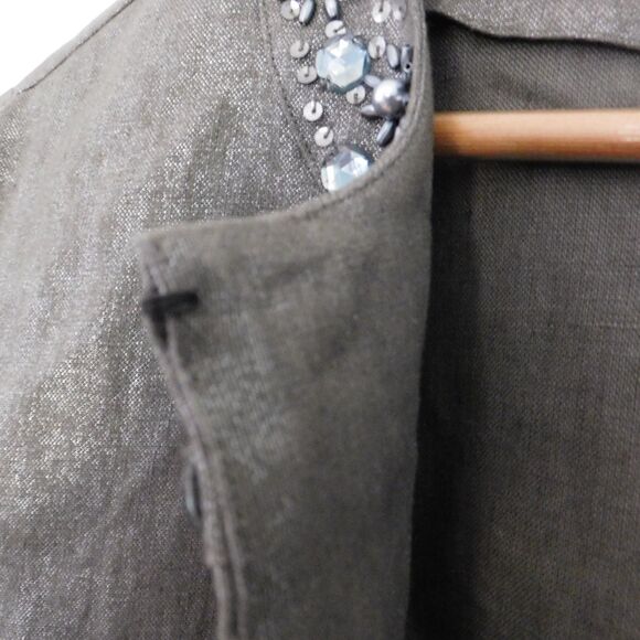 CHICOS jacket blazer 100% linen embellished metallic open front Taupe Silver 2 - Picture 3 of 7